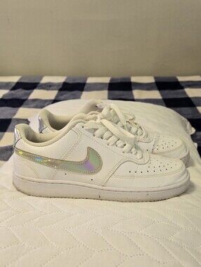 Nike White Low-Top Sneakers with Iridescent Swoosh Accent